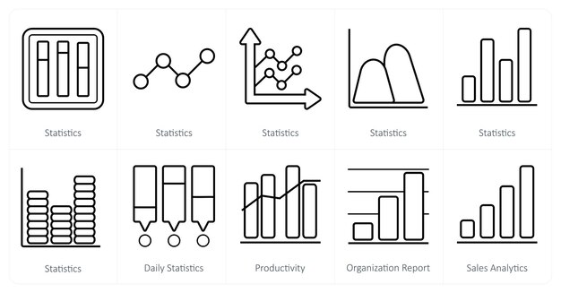 a set of 10 diagrams and reports icons as statistics daily statistics productivity