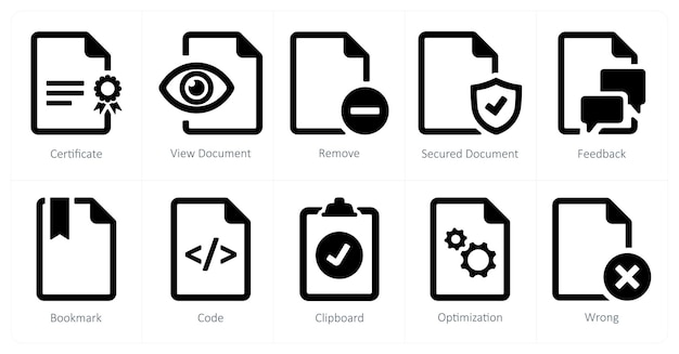 A set of 10 File icons as certificate view document remove
