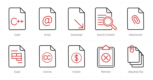 A set of 10 File icons as code email download