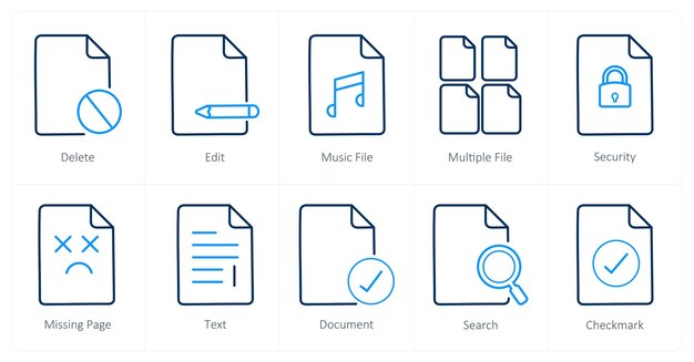 A set of 10 File icons as delete edit music file