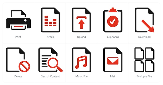 a set of 10 file icons as print article upload