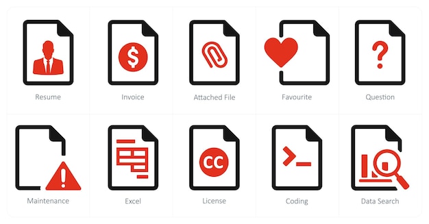 A set of 10 File icons as resume invoice attached file