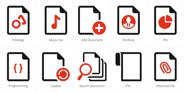 a set of 10 file icons as strategy music file add document