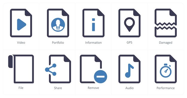 A set of 10 File icons as video portfolio information
