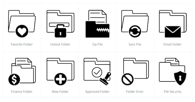 A set of 10 files icons as favorite folder unlock folder zip file