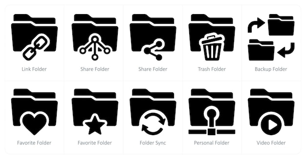 A set of 10 Folder icons as link folder share folder trash folder