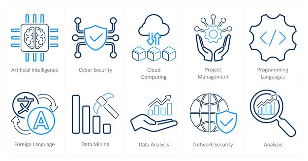 A set of 10 hard skills icons as artificial intelligence cyber security cloud computing