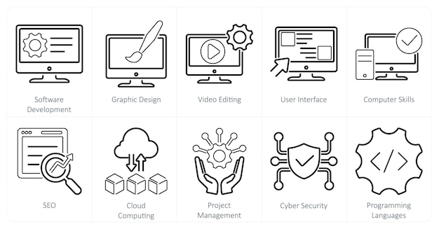 A set of 10 hard skills icons as software development graphic design video editing