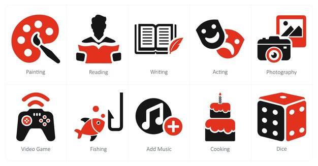 A set of 10 hobby icons as painting reading writing