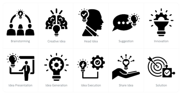 A set of 10 idea icons as brainstorming creative idea head idea