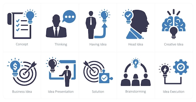 A set of 10 idea icons as thinking having idea head idea