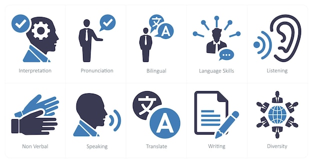 A set of 10 language icons as interpretation pronounciation bilingual