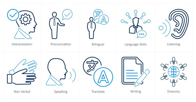 A set of 10 language icons as interpretation pronounciation bilingual