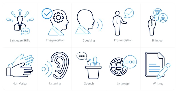 A set of 10 language icons as language skills interpretation speaking