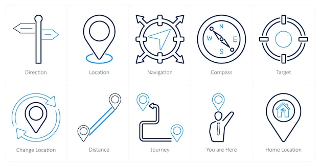 A set of 10 location icons as direction location navigation