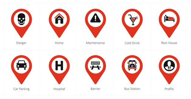 A set of 10 Location Pointer icons as danger home maintenance