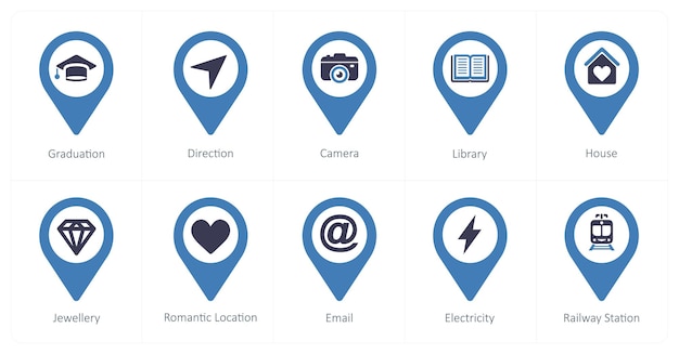 A set of 10 Location Pointer icons as graduation direction camera