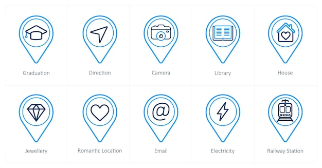 A set of 10 Location Pointer icons as graduation direction camera