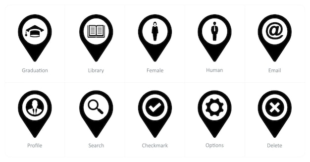 A set of 10 Location Pointer icons as graduation library female