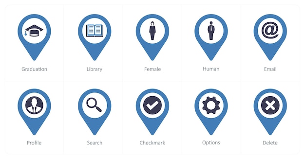 A set of 10 Location Pointer icons as graduation library female