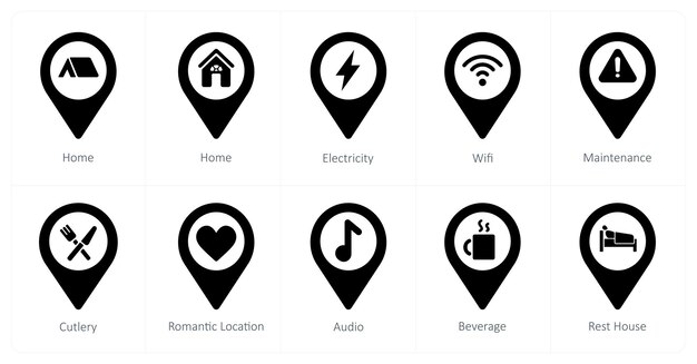 A set of 10 Location Pointer icons as home electricity wifi