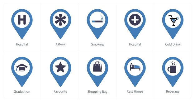 A set of 10 Location Pointer icons as hospital asterix smoking