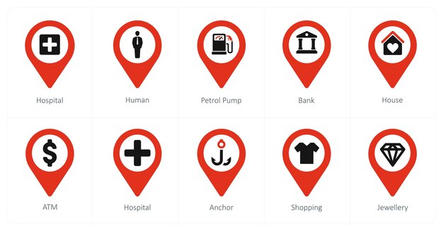 A set of 10 Location Pointer icons as hospital human petrol pump