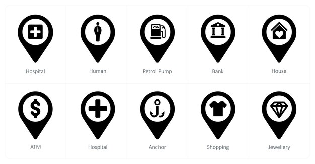 A set of 10 Location Pointer icons as hospital human petrol pump
