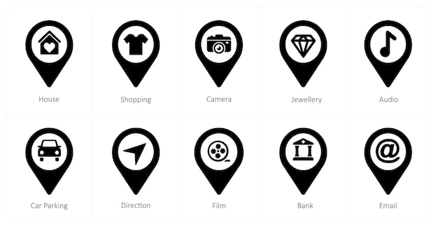 a set of 10 location pointer icons as house shopping camera