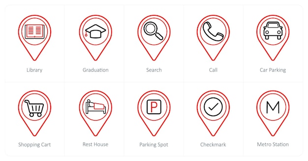 A set of 10 Location Pointer icons as library graduation search