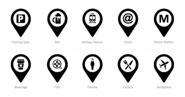 A set of 10 Location Pointer icons as parking spot bar rainway station