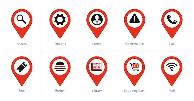 a set of 10 location pointer icons as search options profile