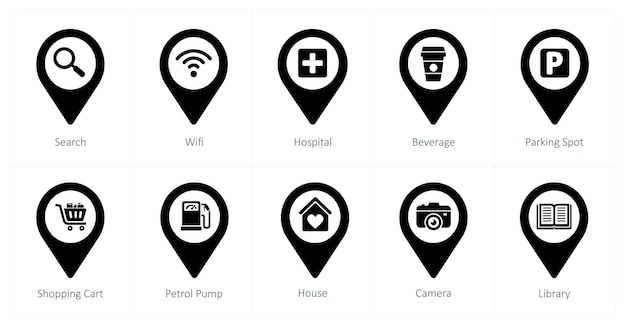 A set of 10 Location Pointer icons as search wifi hospital