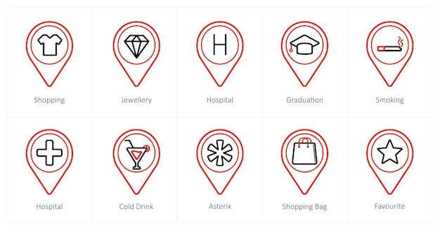 A set of 10 Location Pointer icons as shopping jewellery hospital