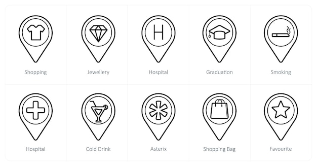 A set of 10 Location Pointer icons as shopping jewellery hospital