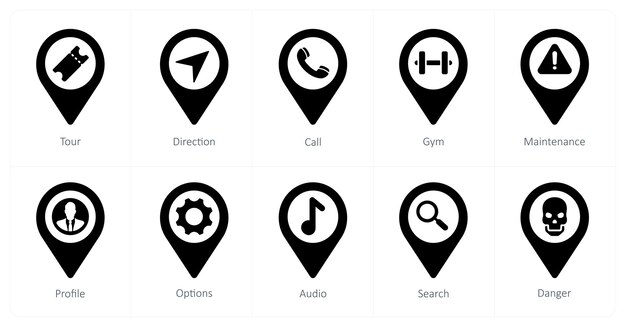 A set of 10 Location Pointer icons as tour direction call