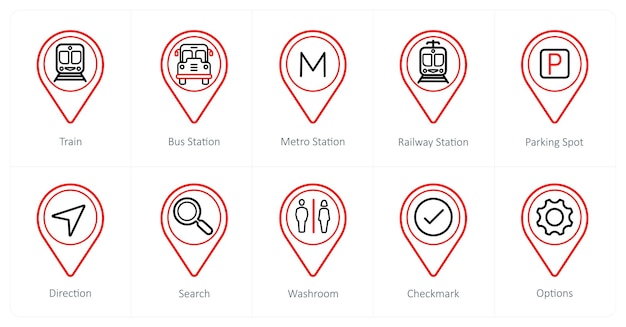 A set of 10 Location Pointer icons as train bus station metro station