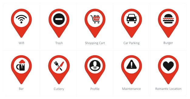 A set of 10 Location Pointer icons as wifi trash shopping cart