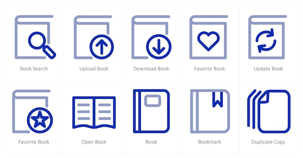 A set of 10 micro icons as book search upload book download book