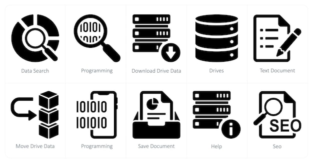 a set of 10 mix icons as data search programming download drive data