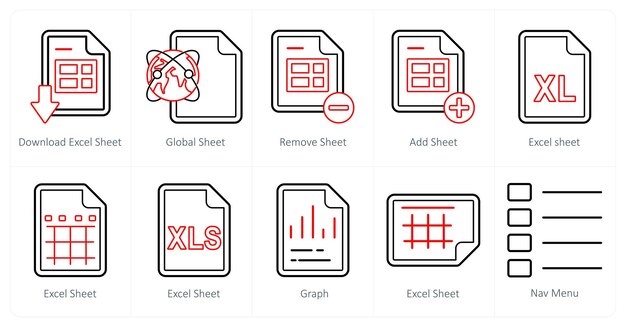 A set of 10 mix icons as download excel sheet global sheet remove sheet