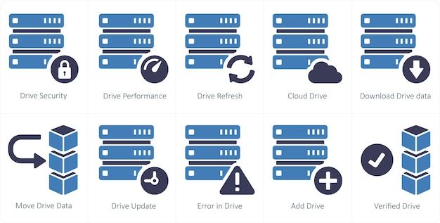 a set of 10 mix icons as drive security drive performance drive refresh