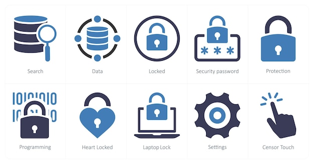 A set of 10 mix icons as search data locked security password