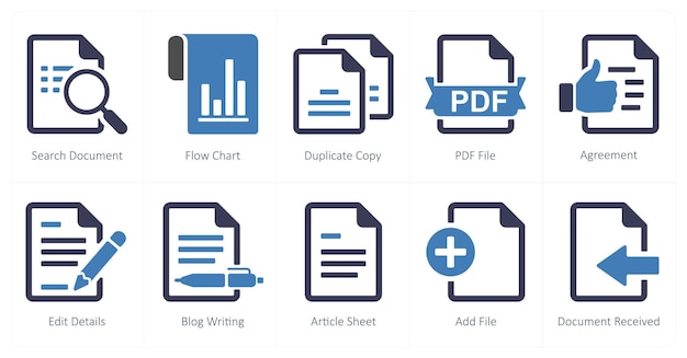 A set of 10 mix icons as search document flow chart duplicate copy