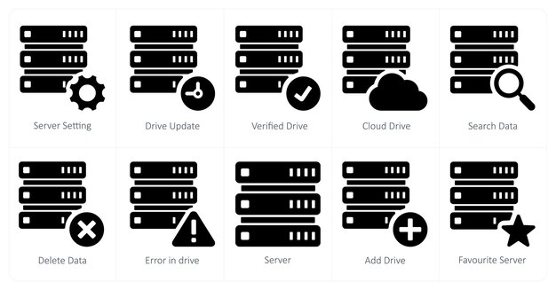 a set of 10 mix icons as server setting drive update verified drive