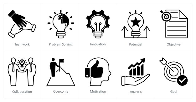 A set of 10 Mix icons as teamwork problem solving innovation