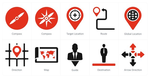 A set of 10 Navigation icons as compass target location route