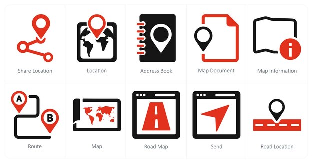 A set of 10 Navigation icons as share location location address book