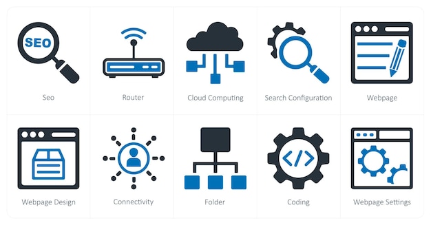 A set of 10 seo and digital marketing icons as seo router cloud computing