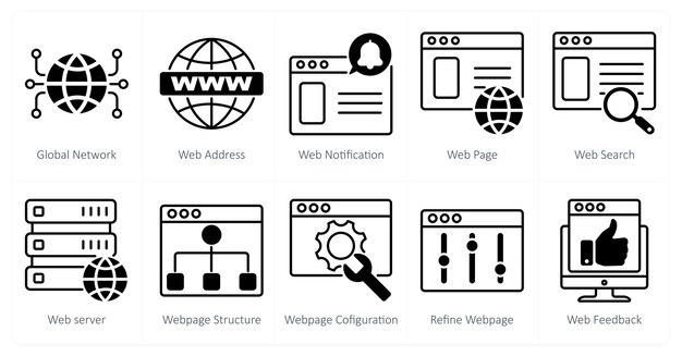a set of 10 seo icons as global network web address web notification